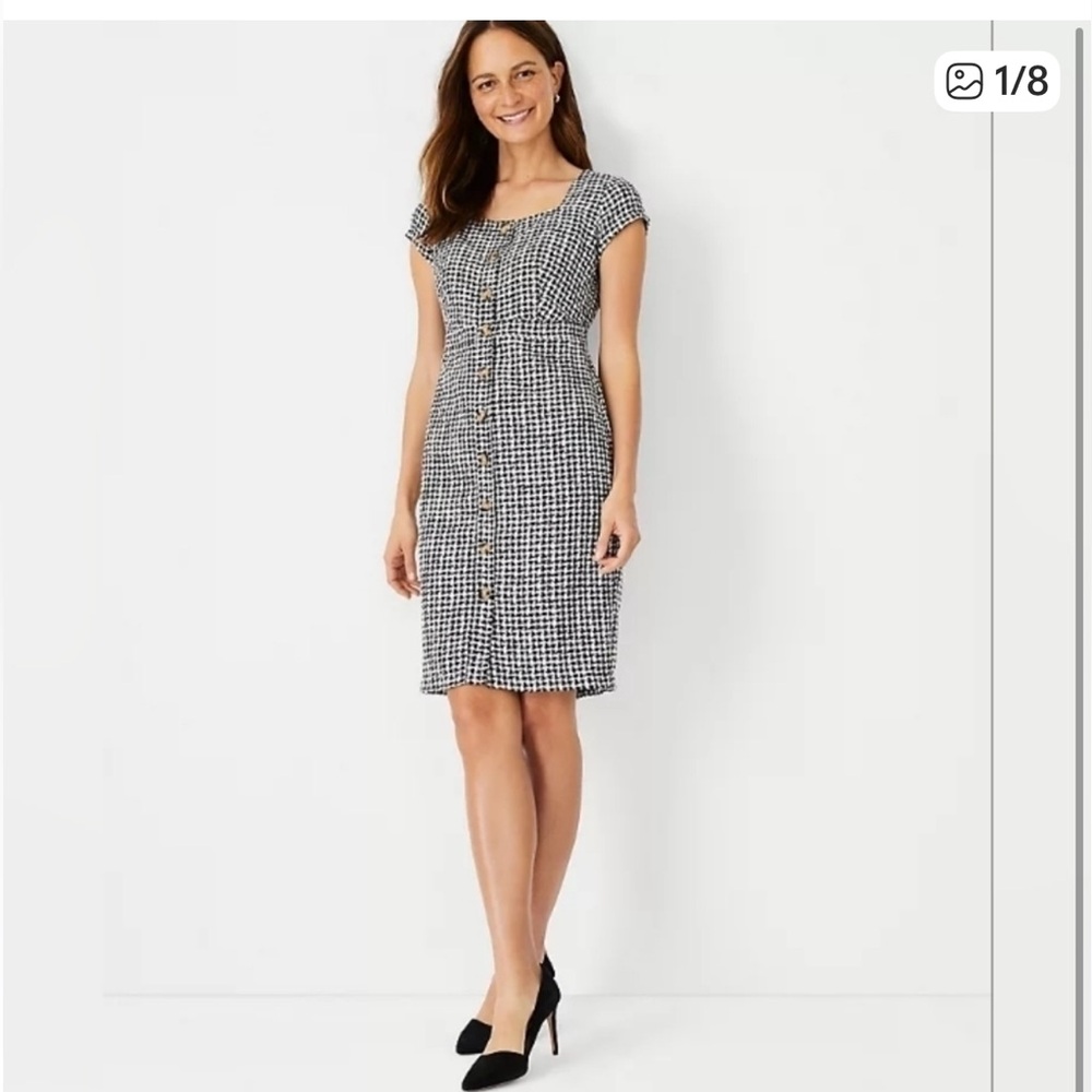 Ann Taylor Black and White Gingham Button-Front Midi Dress